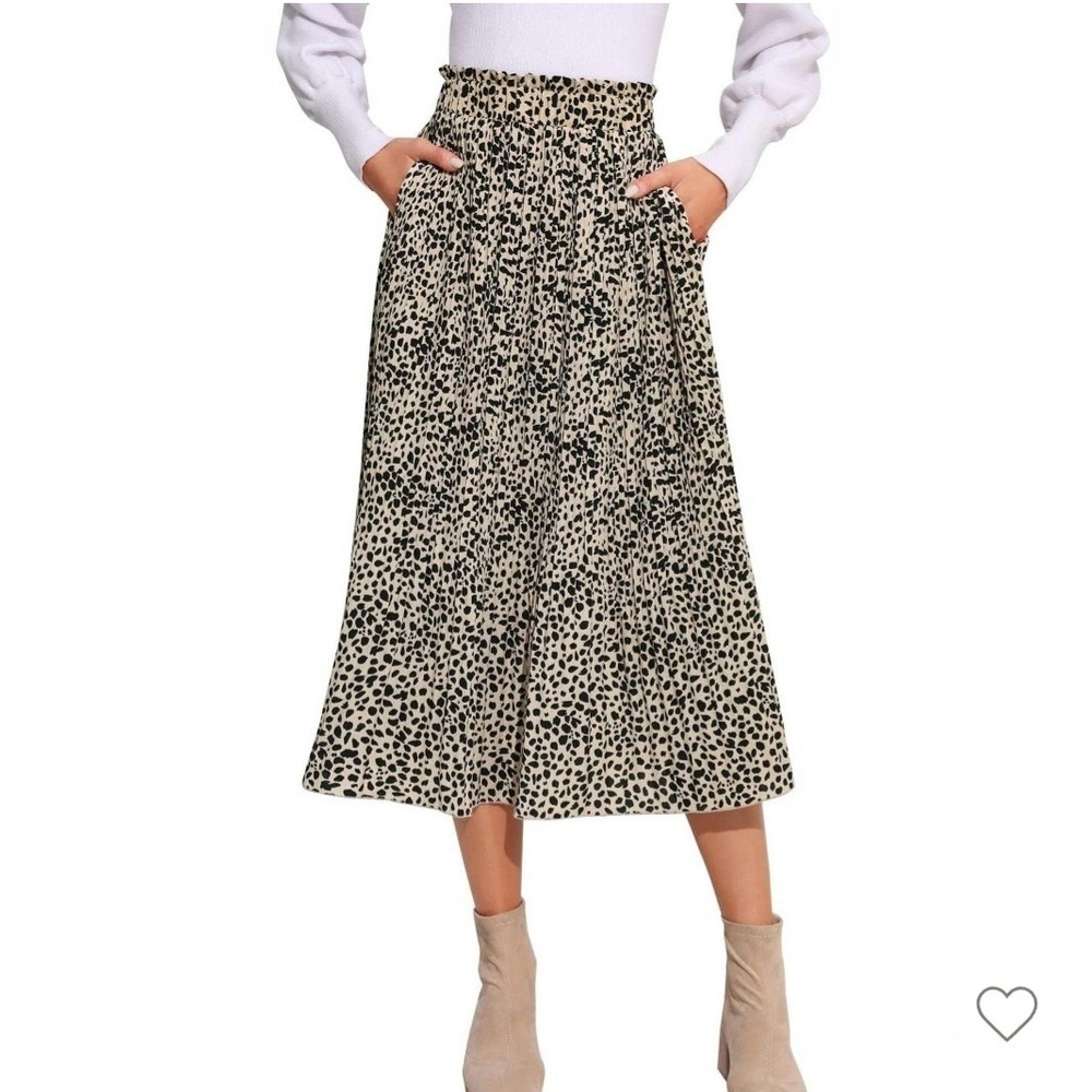 Animal Print Pleated Midi Skirt with Pockets, Elastic Waist, Casual